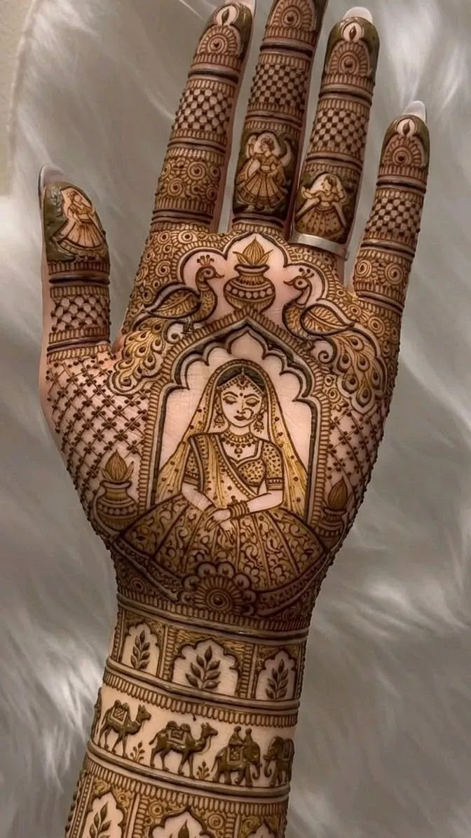 Arabic Bridal Front Hand Mehndi Design with Figures and Peacock for Engagement
