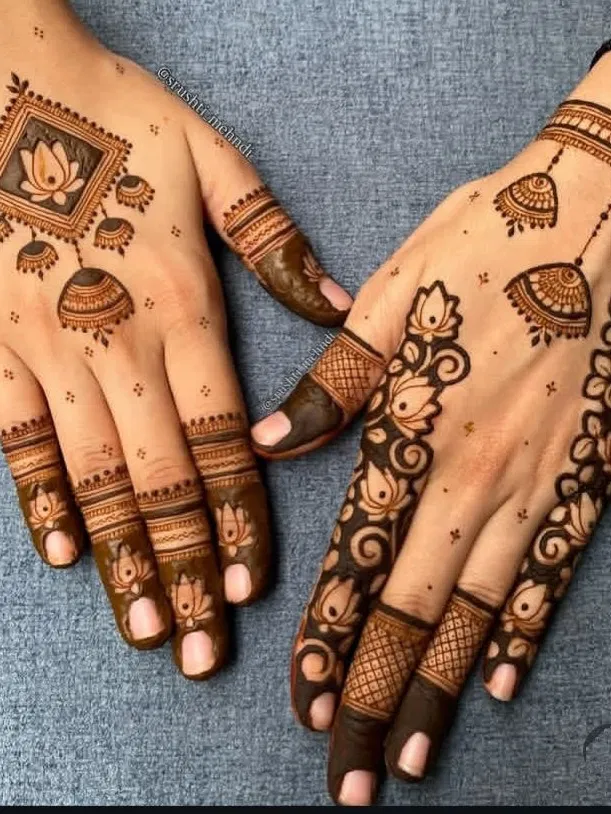 Back Hand Mehndi Design with Figures and Jaal