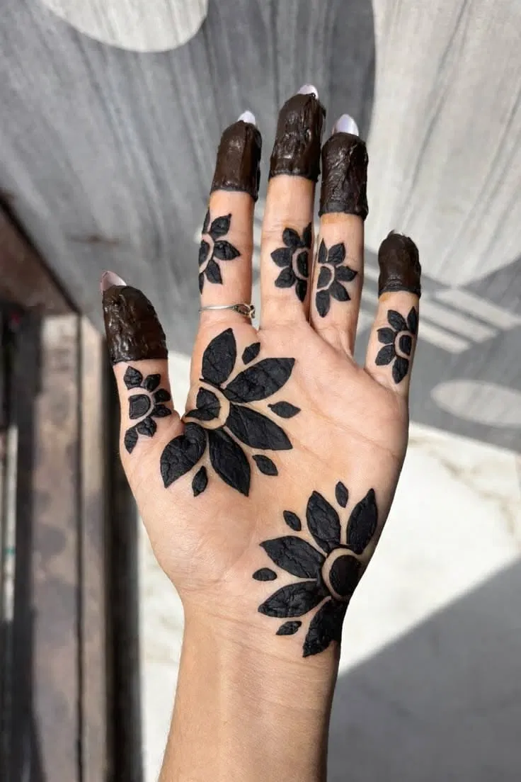 Aesthetic Arabic Finger Mehndi Design with Bel and Flowers for Karwa Chauth