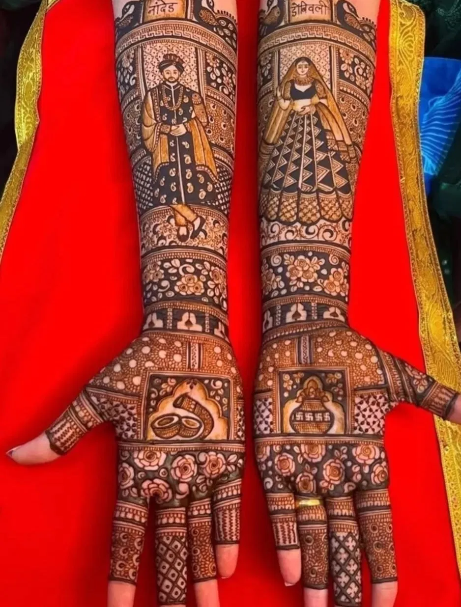 Simple Front Hand Mehndi Design with Figures and Hearts