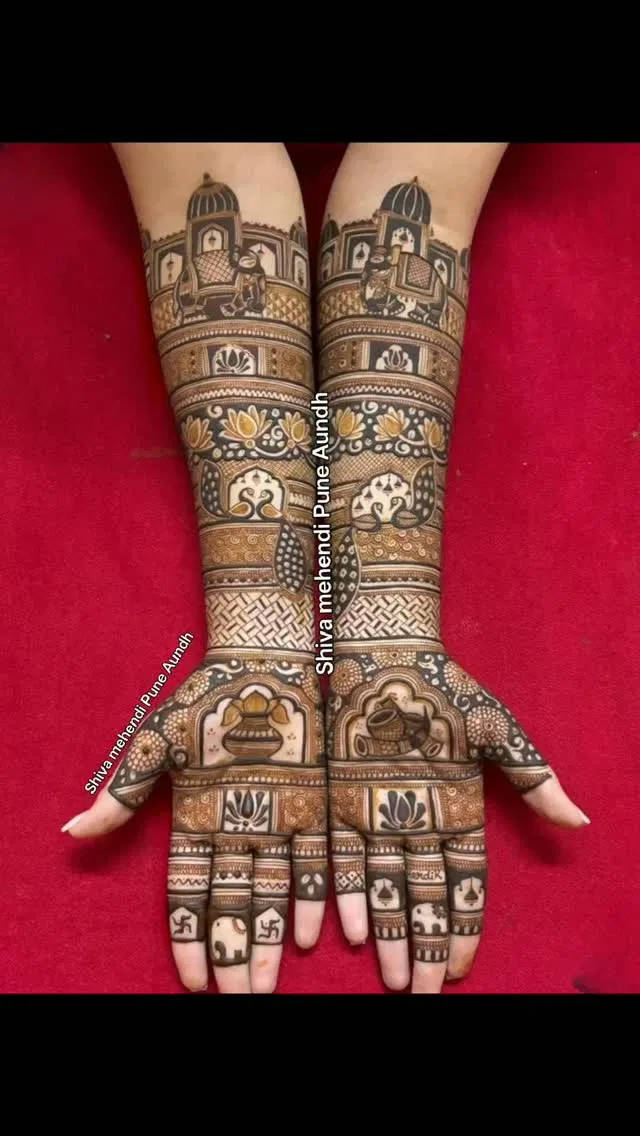 Aesthetic Bridal Front Hand Mehndi Design with Figures and Lotus