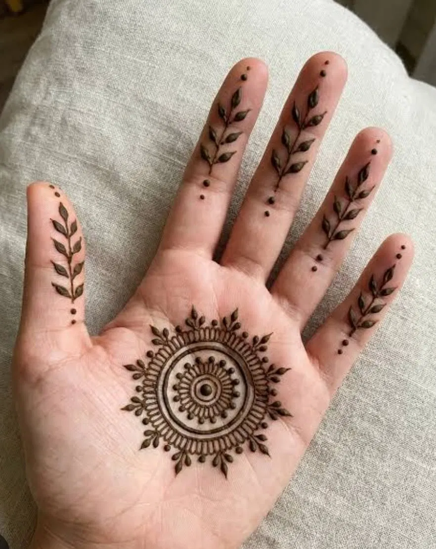 Arabic Simple Finger Mehndi Design with Gol Tikki, Flowers and Jaal
