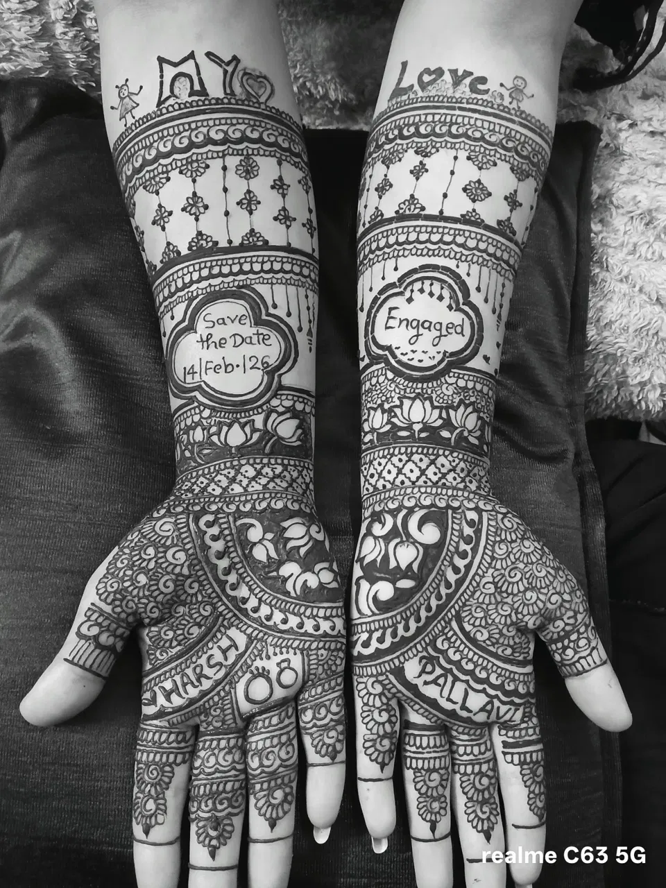 Full Hand Mehndi Design with Figures and Hearts for Engagement
