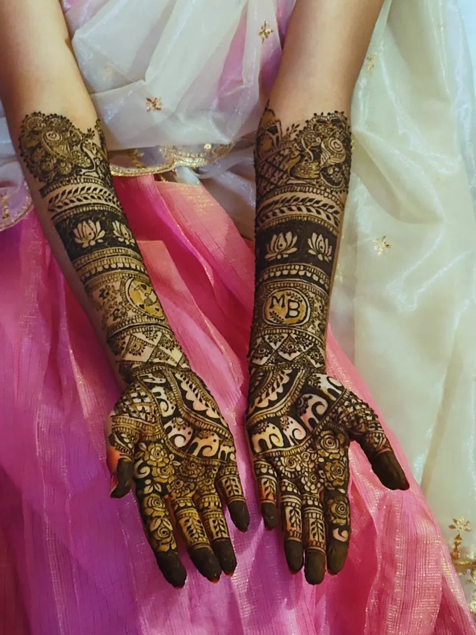 Bridal Front Hand Mehndi Design with Figures, Lotus and Peacock (2)