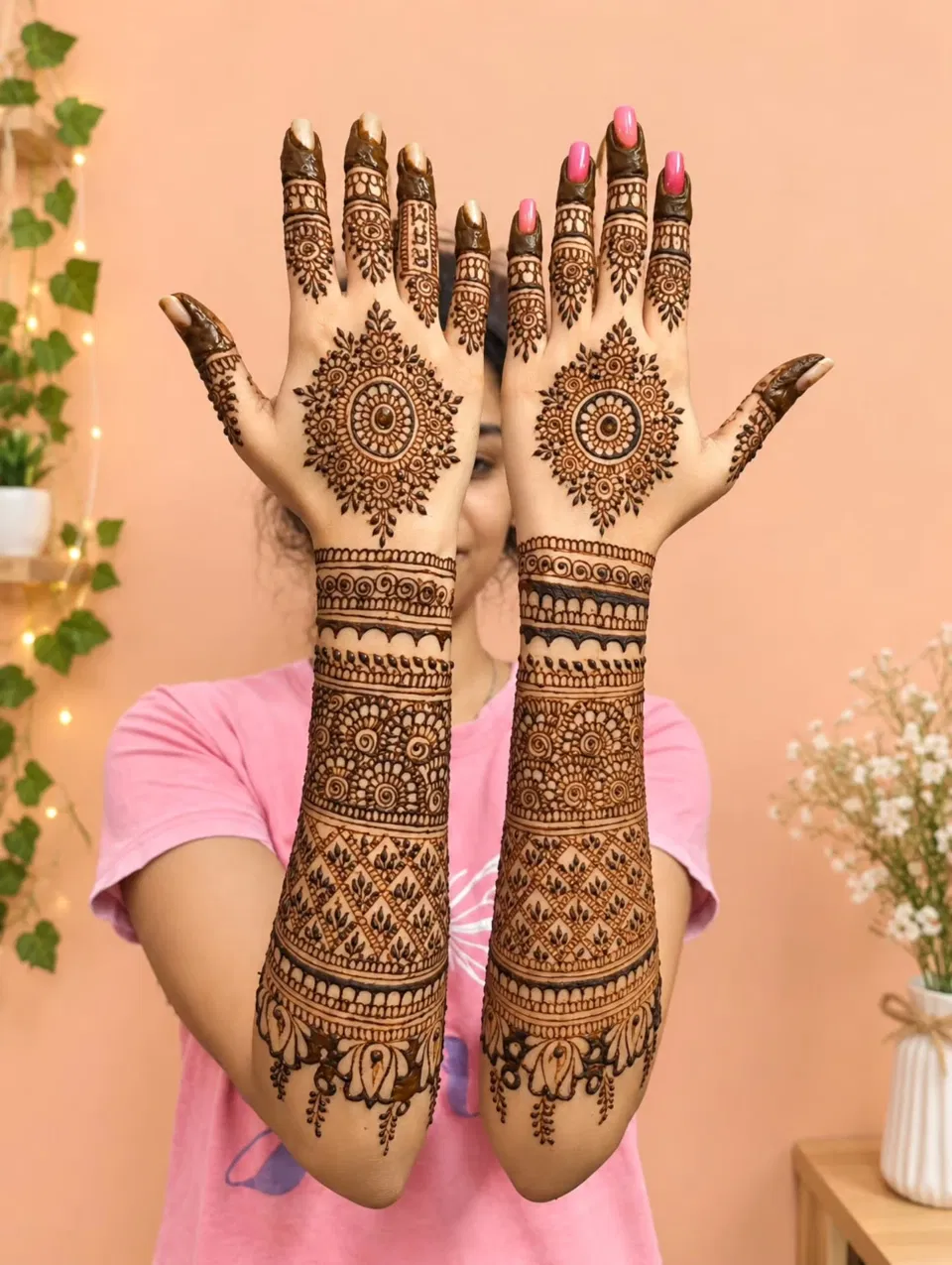 Full Hand Mehndi Design with Gol Tikki and Figures