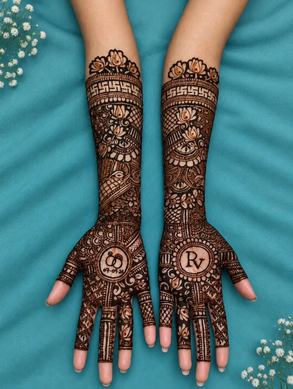 Front Hand Mehndi Design with Figures and Lotus (2)