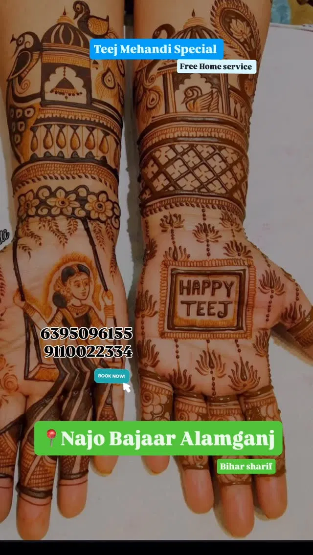 Aesthetic Front Hand Mehndi Design with Figures and Hearts for Teej