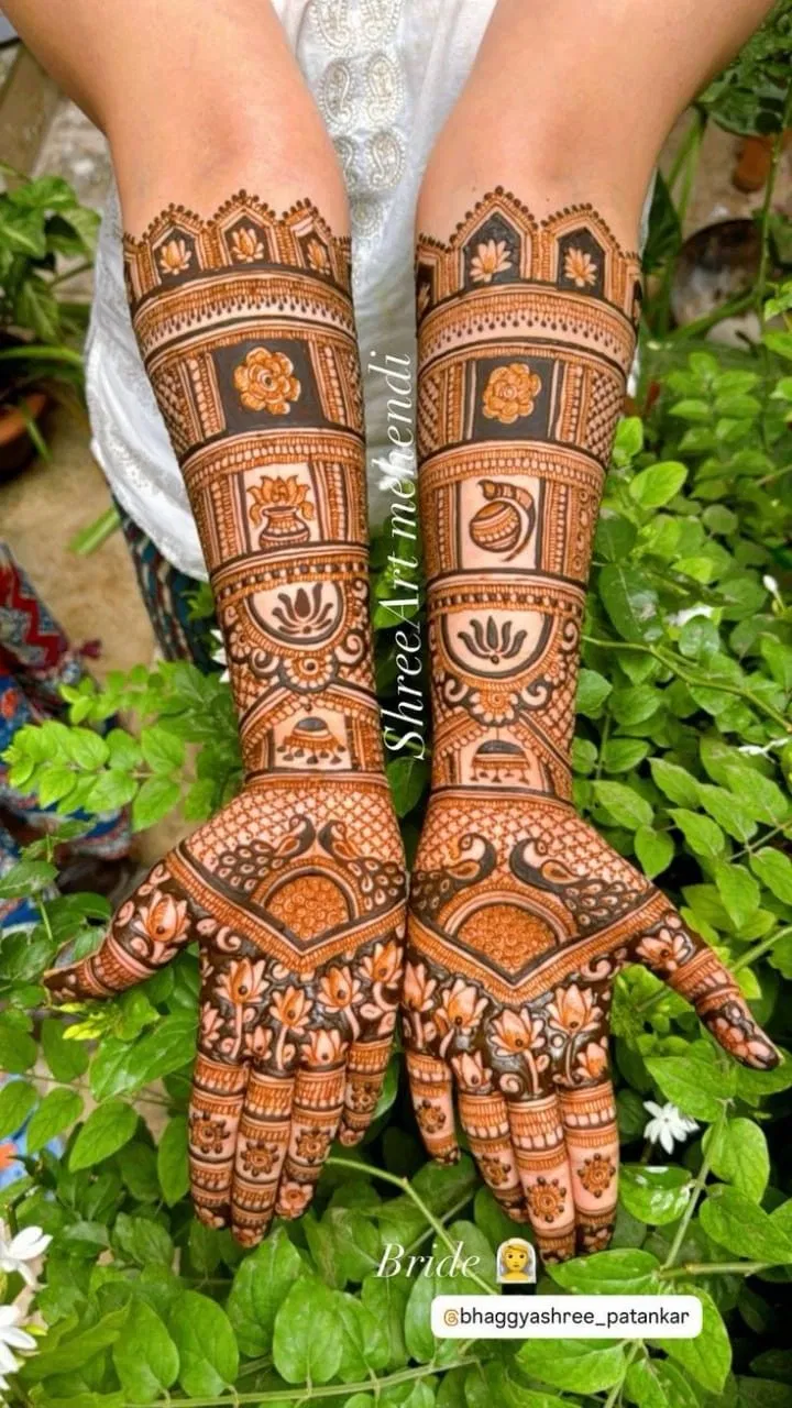 Bridal Indian Full Hand Mehndi Design with Deity and Figures for Engagement