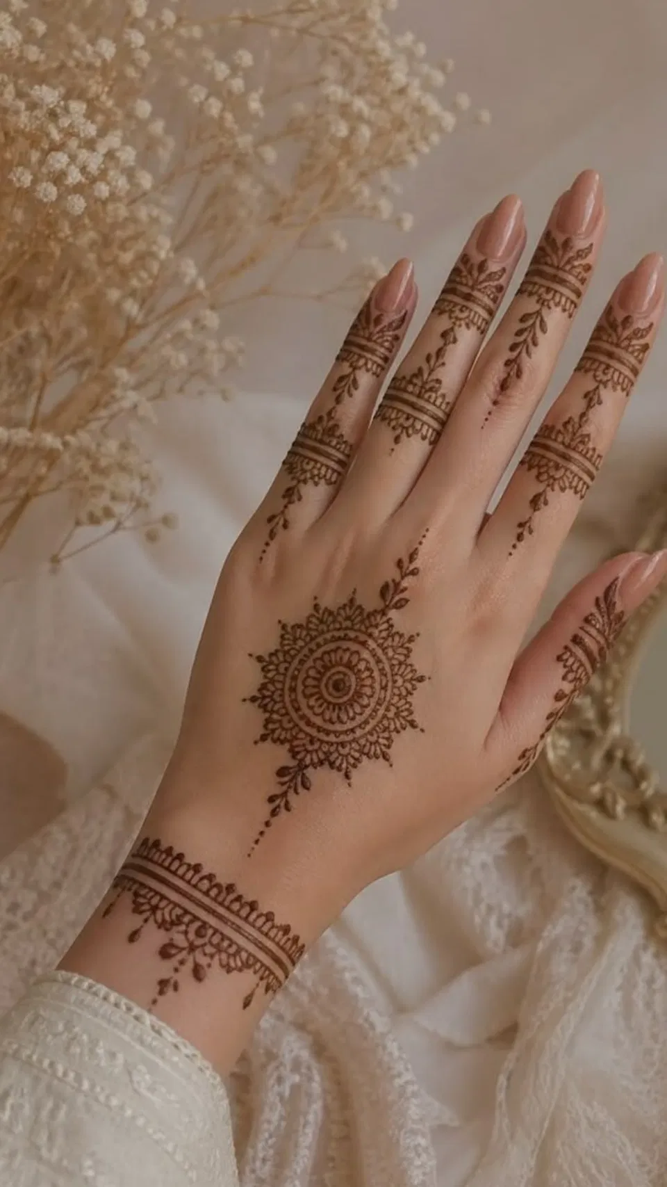 Aesthetic Minimal Back Hand Mehndi Design with Gol Tikki, Flowers and Jaal (2)