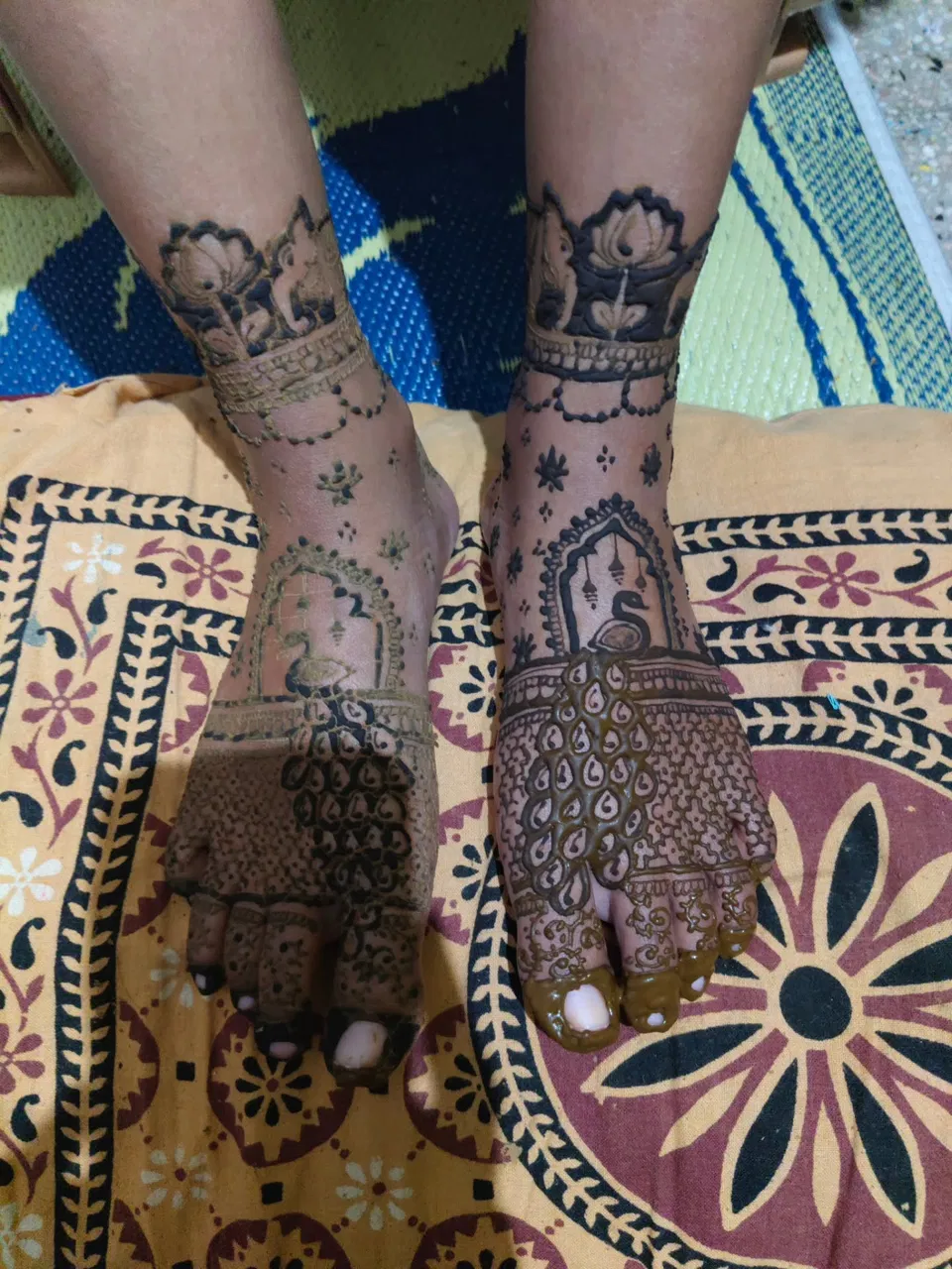 Bridal Foot Mehndi Design with Figures, Lotus and Peacock (2)