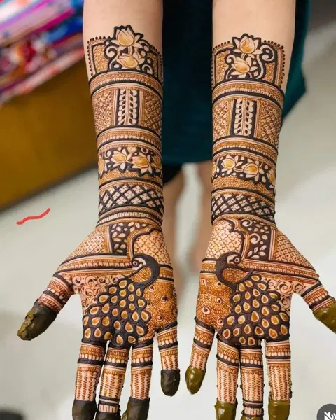 bridal indian peacock back hand mehndi design