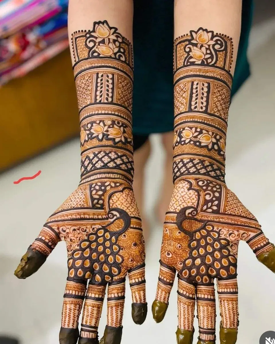 Bridal Indian Back Hand Mehndi Design with Peacock for Teej