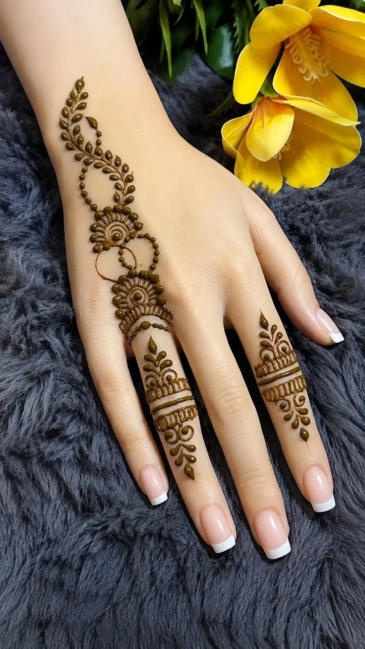 Aesthetic Minimal Back Hand Mehndi Design with Bel, Gol Tikki and Flowers