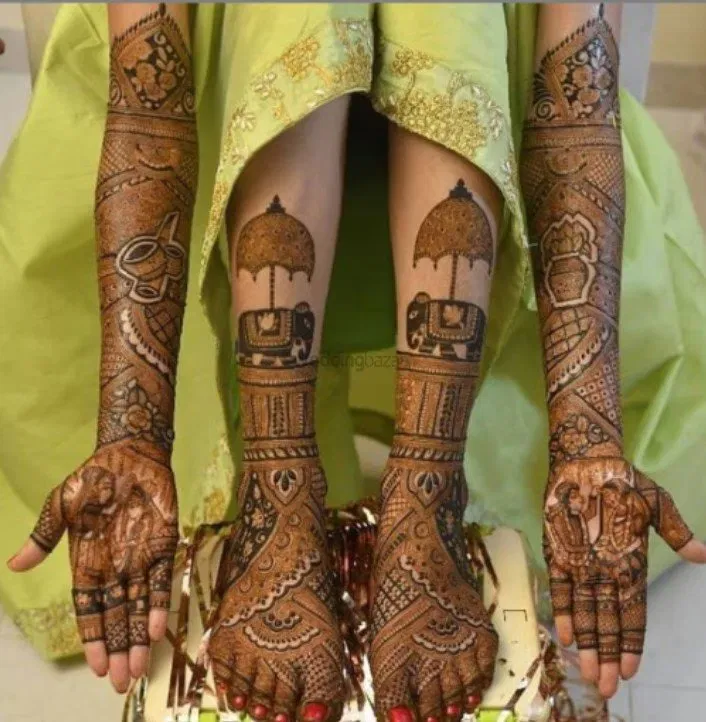 Heavy Front Hand Mehndi Design with Figures and Peacock (2)