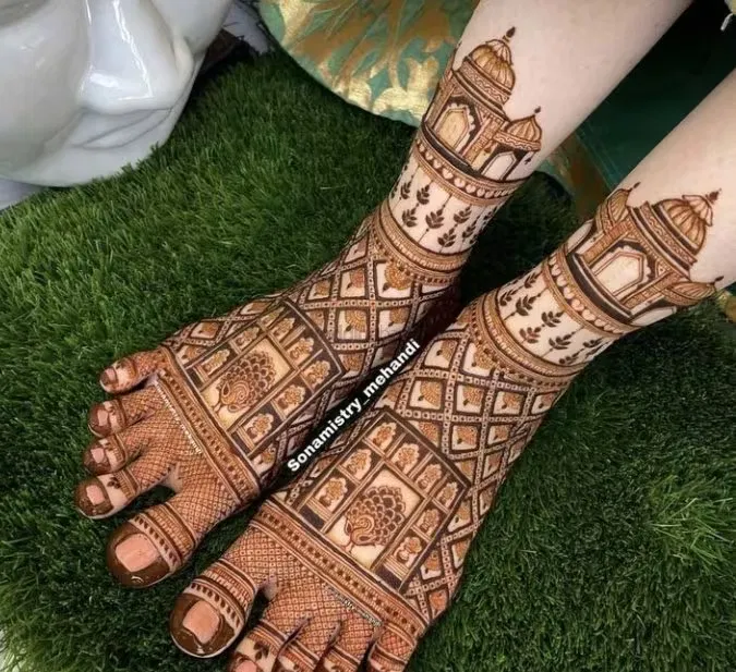 Foot Mehndi Design with Figures and Hearts