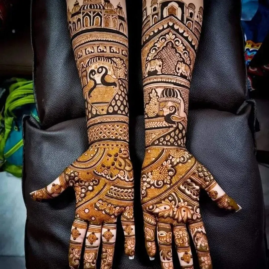 Full Hand Mehndi Design with Figures and Peacock (4)