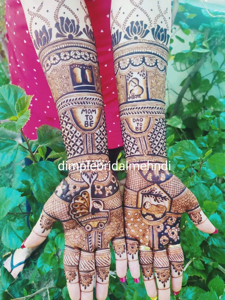 Full Hand Mehndi Design with Figures and Hearts