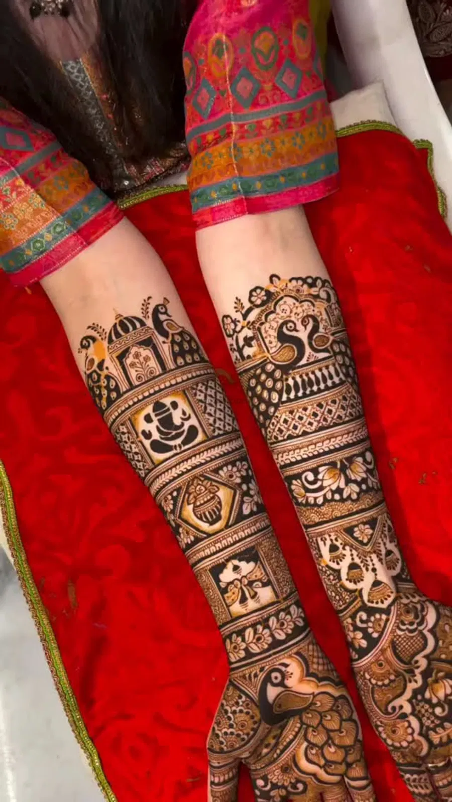 Full Hand Mehndi Design with Figures, Hearts and Peacock
