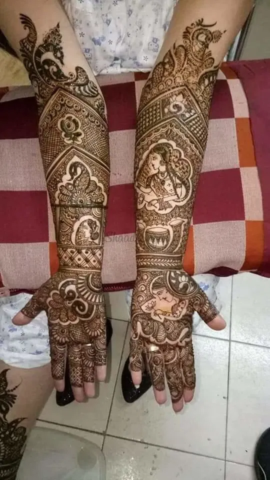 Front Hand Mehndi Design with Figures, Hearts and Peacock (3)