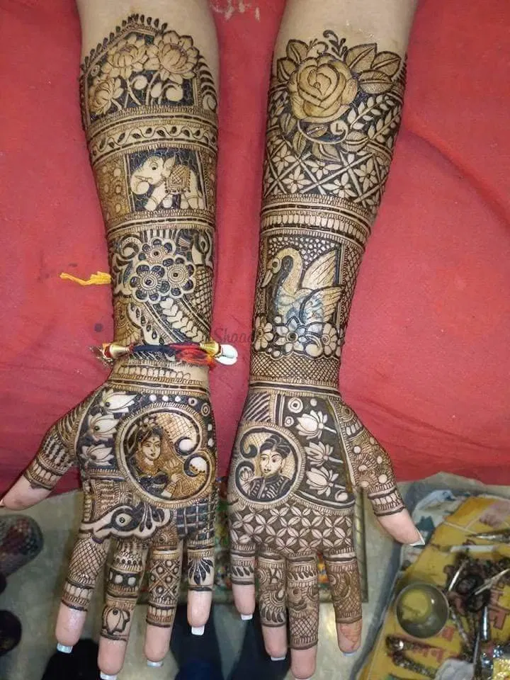 Full Hand Mehndi Design with Figures and Peacock (7)