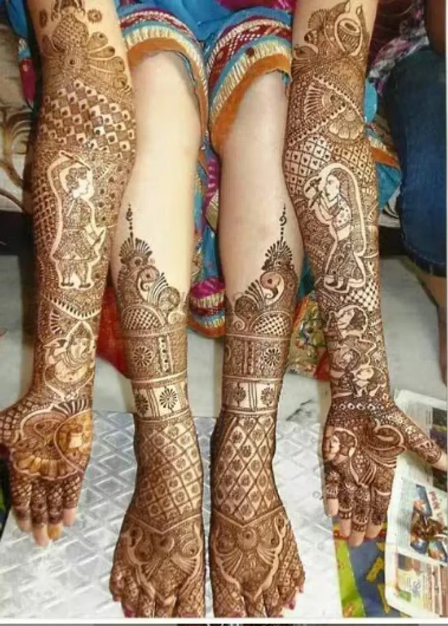 Full Hand Mehndi Design with Figures and Peacock