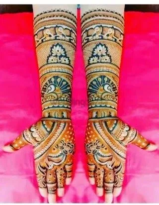 Full Hand Mehndi Design with Figures and Hearts
