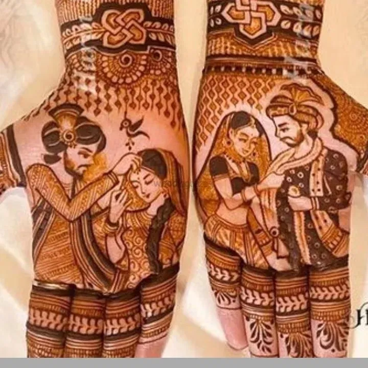 Front Hand Mehndi Design with Figures and Hearts