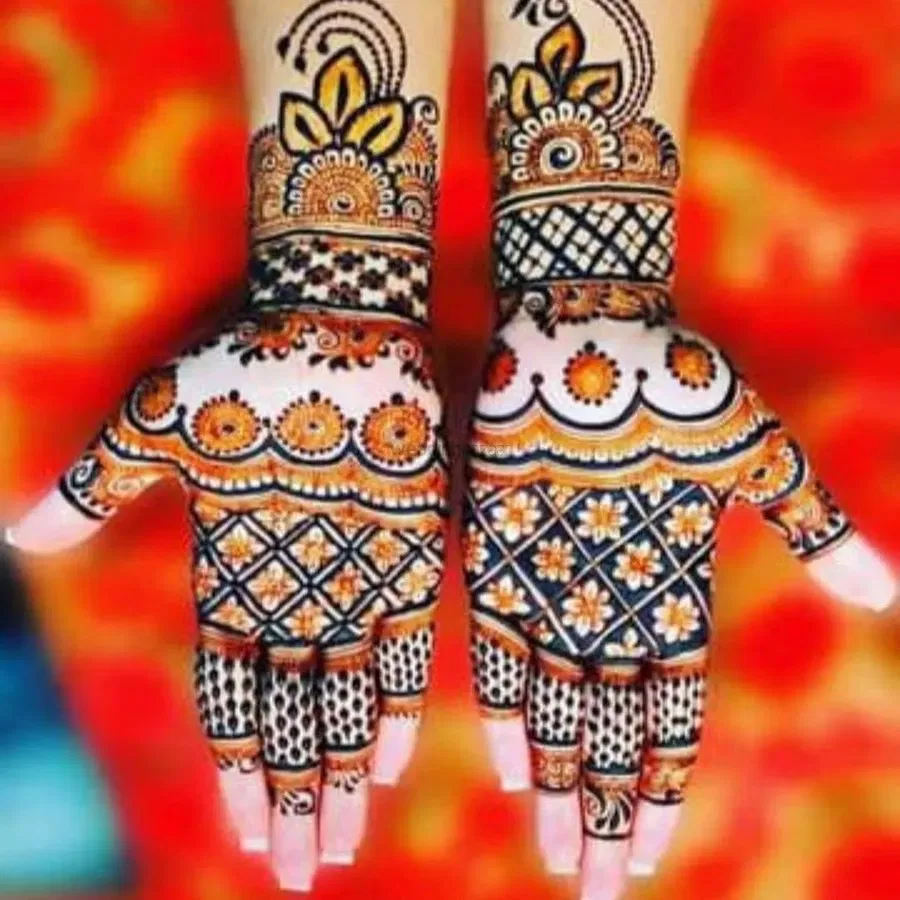 Front Hand Mehndi Design with Figures and Hearts