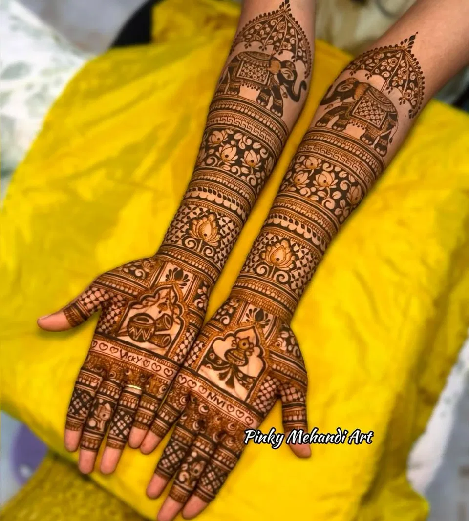 Bridal Front Hand Mehndi Design with Figures and Hearts (9)