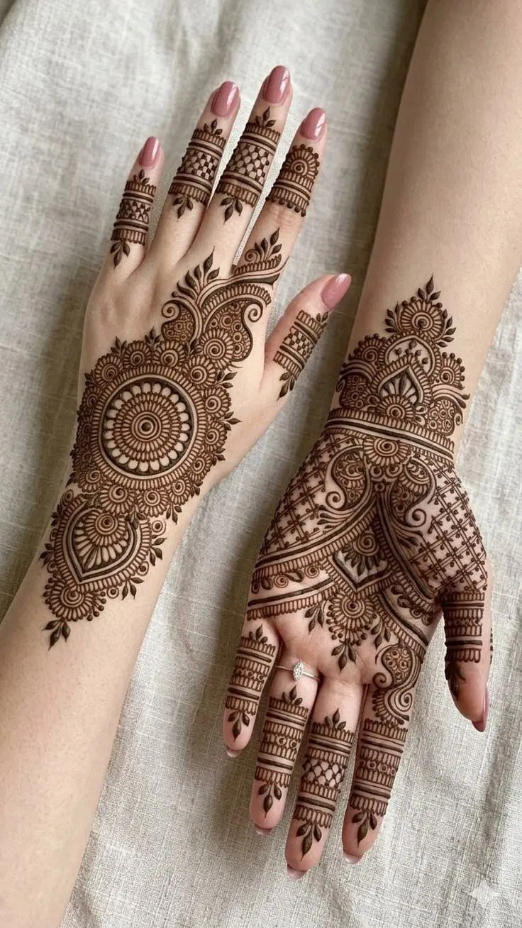 Arabic Bridal Back Hand Mehndi Design with Gol Tikki for Engagement