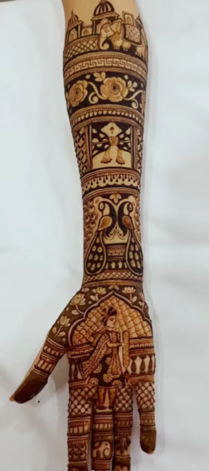 Back Hand Mehndi Design with Figures and Peacock