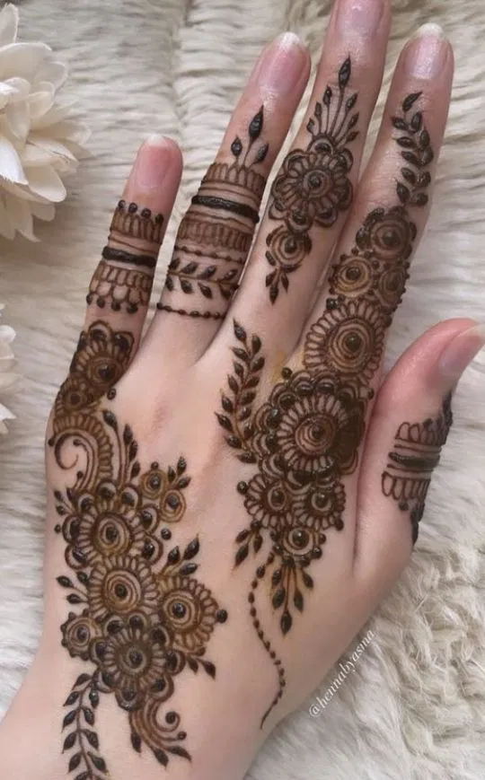 Aesthetic Arabic Back Hand Mehndi Design with Bel, Gol Tikki and Flowers for Eid (10)