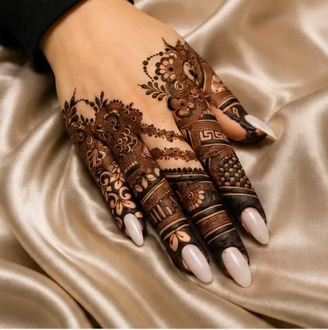 Aesthetic Bridal Back Hand Mehndi Design with Gol Tikki (11)