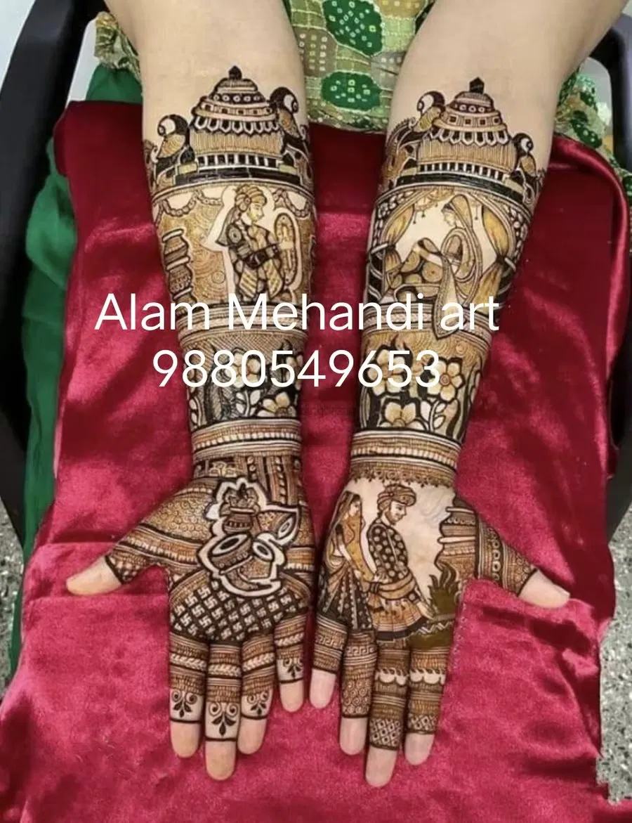 Full Hand Mehndi Design with Figures and Peacock (8)