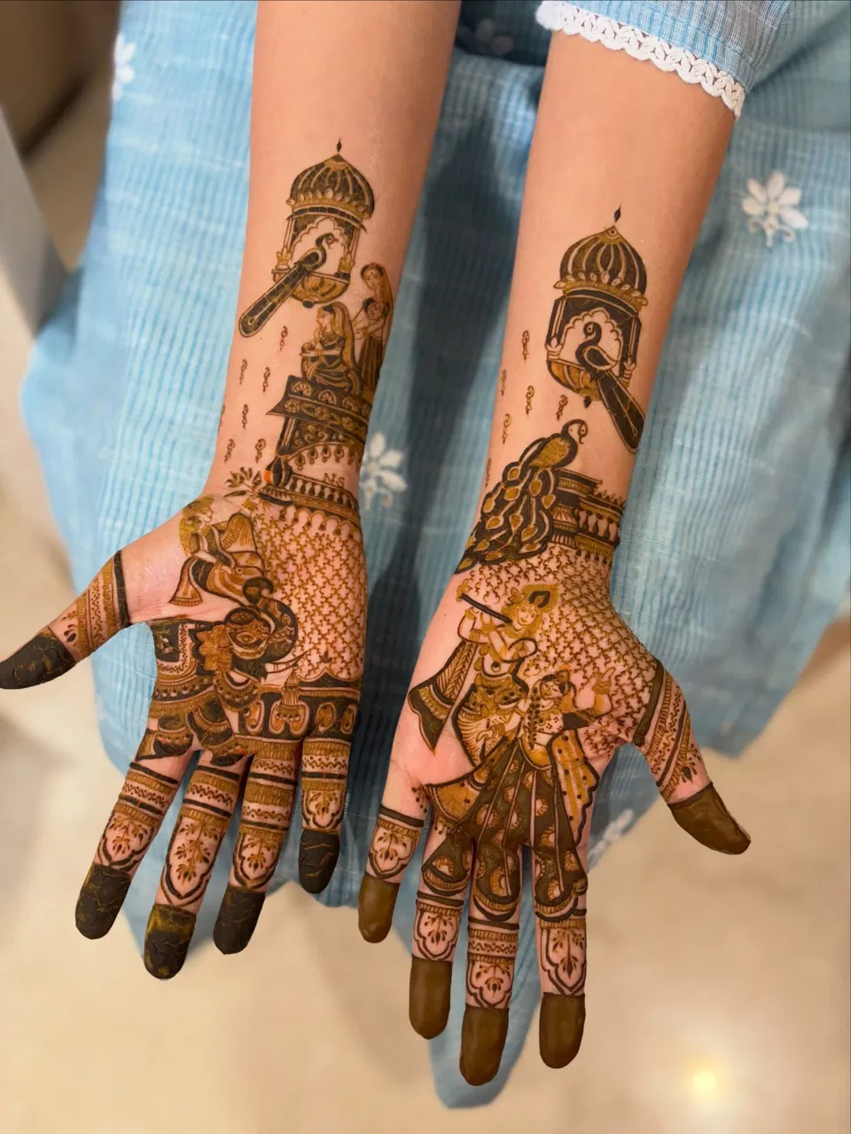 Front Hand Mehndi Design with Figures and Peacock (6)