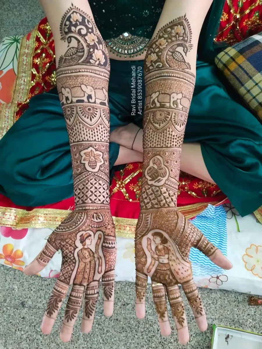 Front Hand Mehndi Design with Figures and Hearts (10)