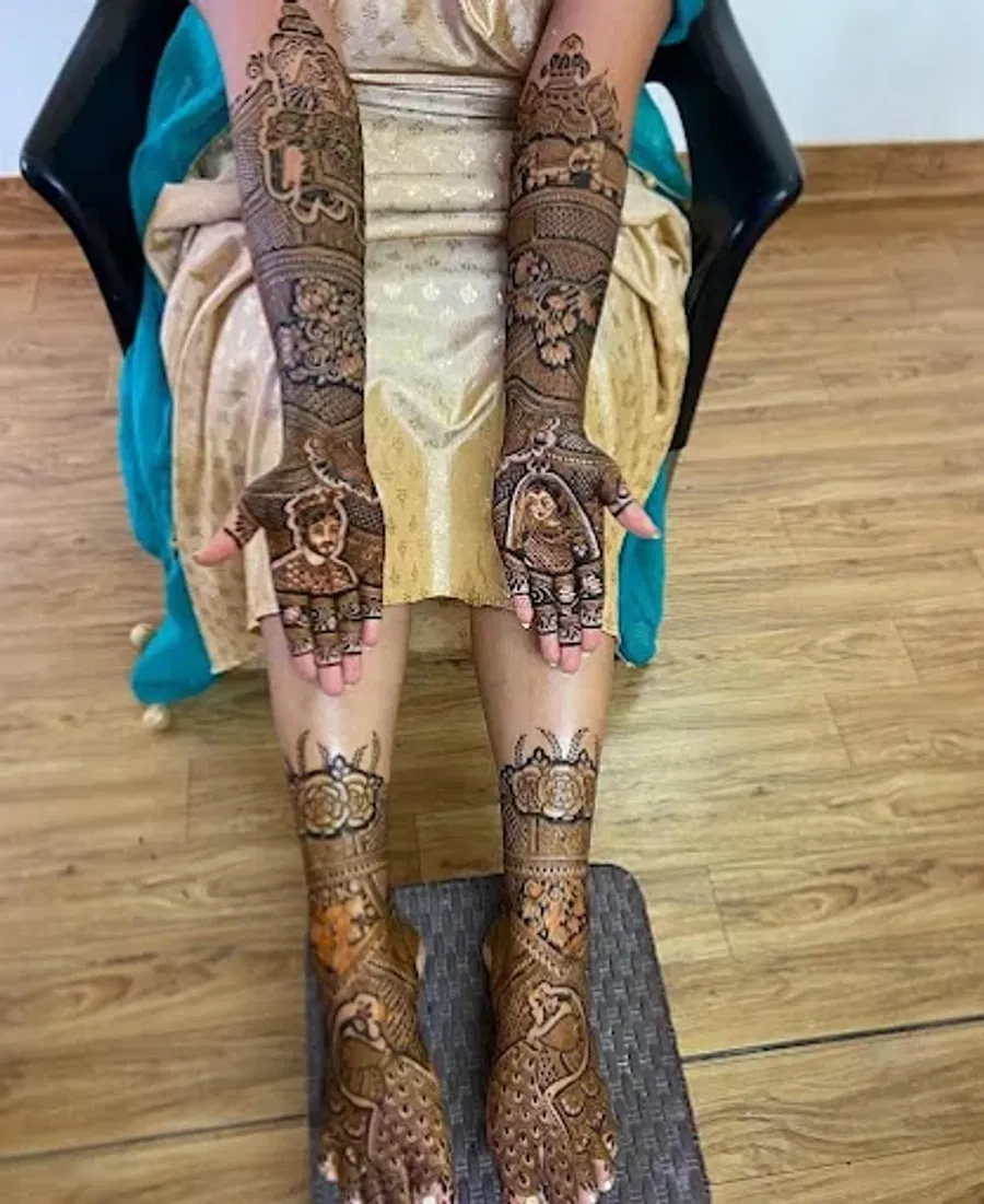 Front Hand Mehndi Design with Figures and Hearts