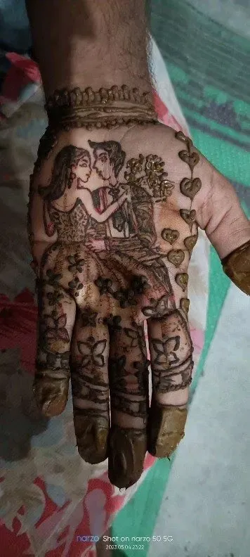 Front Hand Mehndi Design with Figures and Hearts (11)