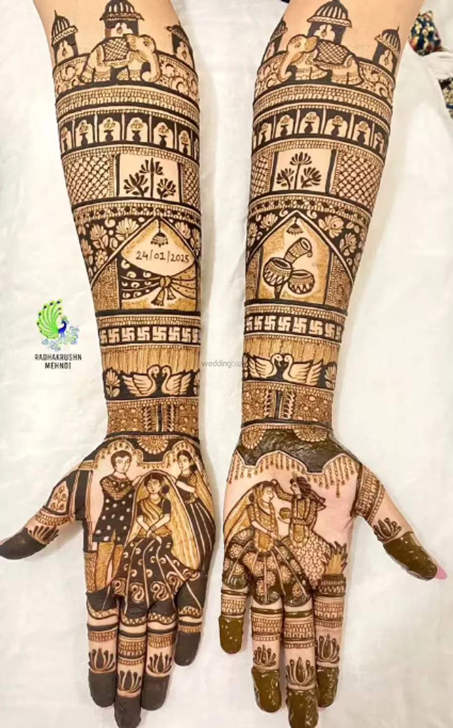 Heavy Front Hand Mehndi Design with Figures and Hearts (2)