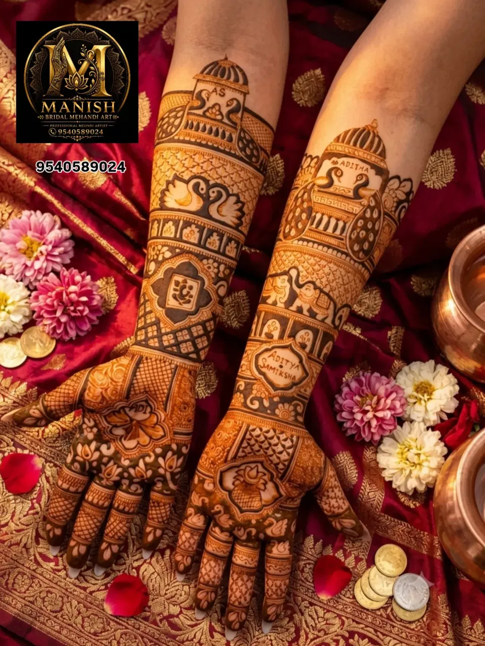 Bridal Indian Front Hand Mehndi Design with Figures and Hearts (5)