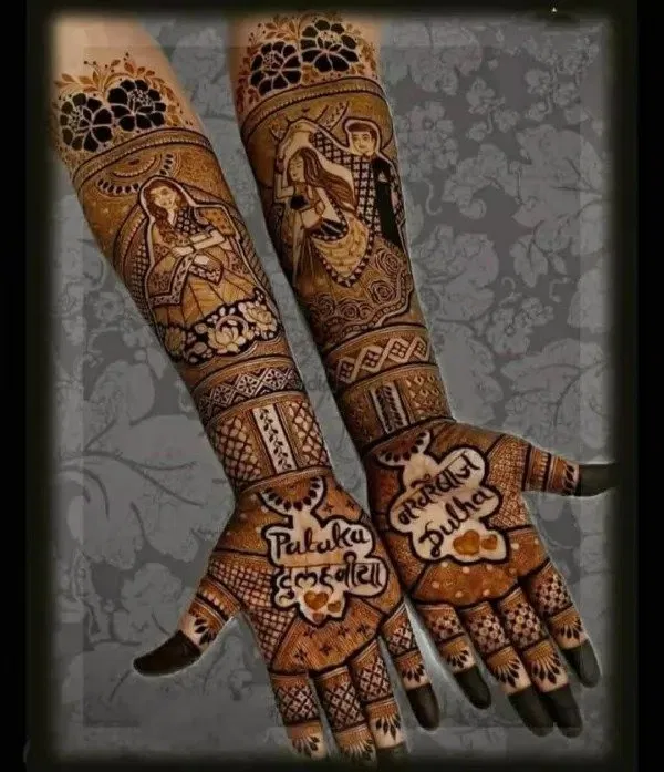 Front Hand Mehndi Design with Figures and Peacock