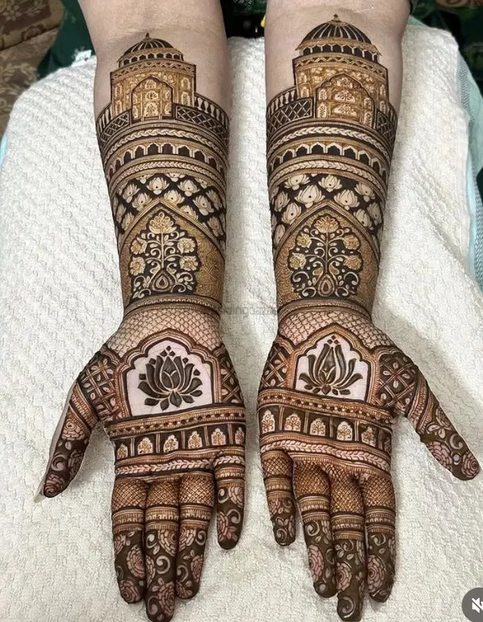 Full Hand Mehndi Design with Figures and Lotus (2)