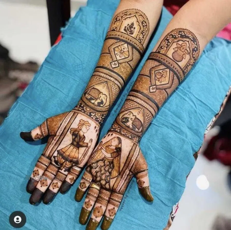 Front Hand Mehndi Design with Figures and Hearts