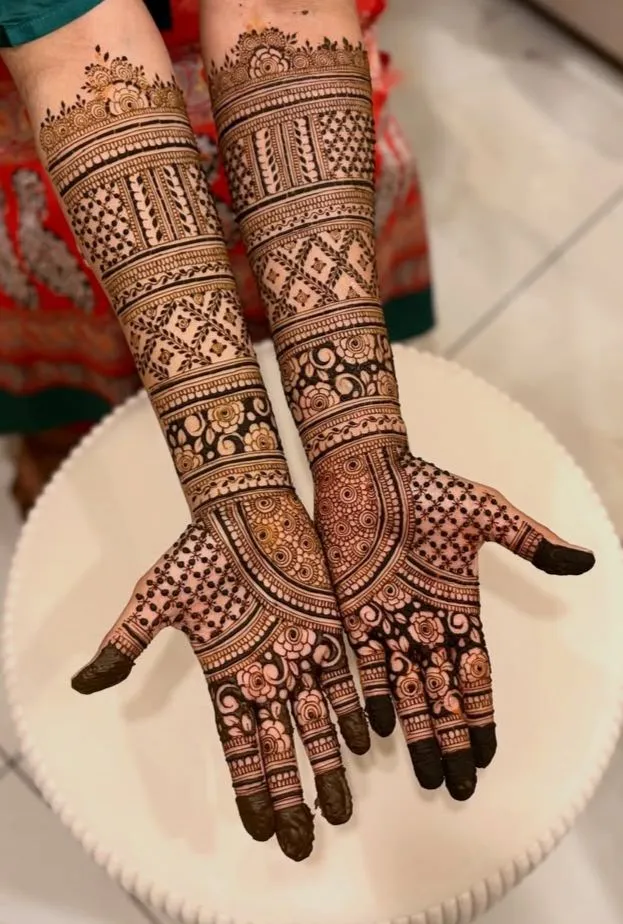 Arabic Bridal Arm Mehndi Design with Figures for Engagement