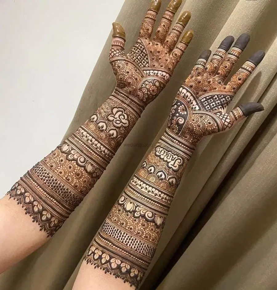 Front Hand Mehndi Design with Figures and Hearts (12)