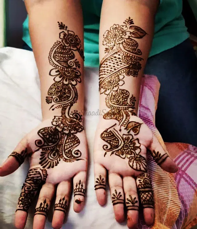 Front Hand Mehndi Design with Figures and Peacock