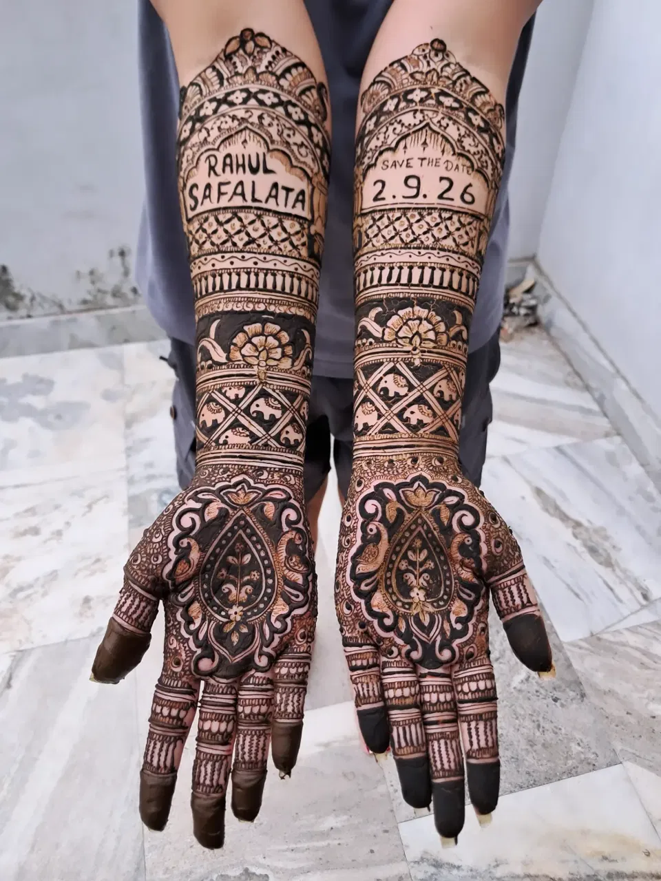 Front Hand Mehndi Design with Figures for Engagement