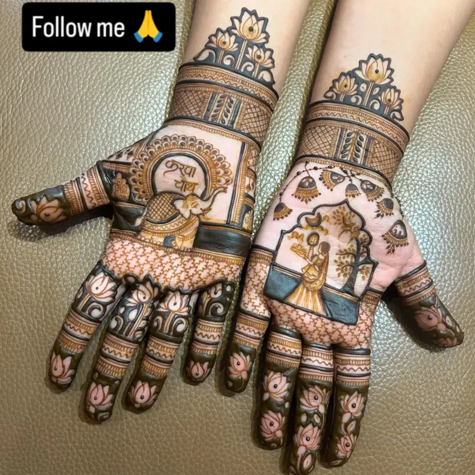 Aesthetic Bridal Front Hand Mehndi Design with Figures for Karwa Chauth (2)