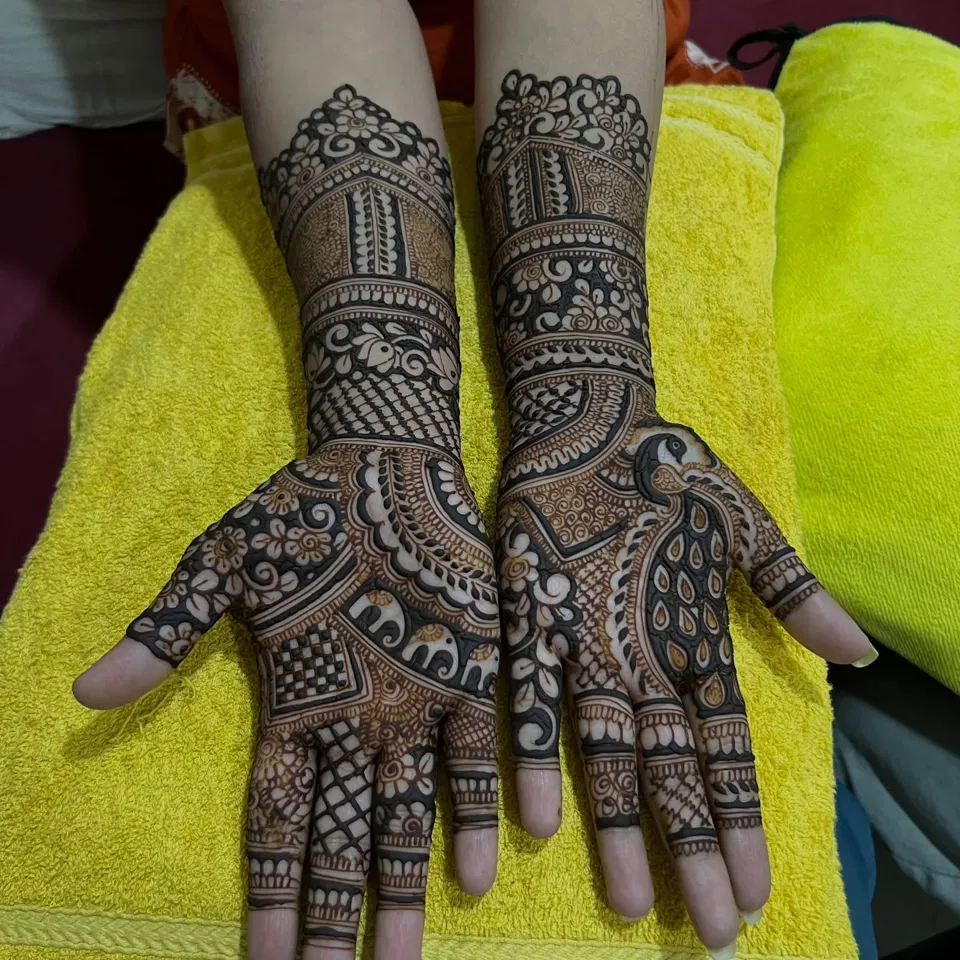 Full Hand Mehndi Design with Figures and Peacock (15)