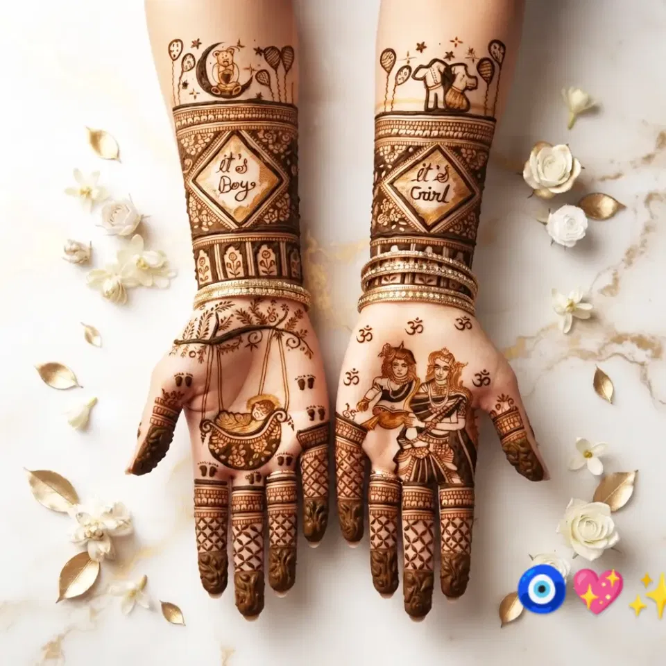 Mehndi Design with Figures and Hearts